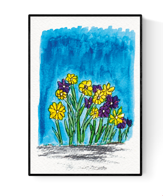 A6 greeting card titled “De bloemen” by Ilia Claus, featuring hand-drawn yellow and purple flowers with green stems on a textured blue watercolor background. Part of the colorful Ecoline series, printed on 350g card with envelope included.