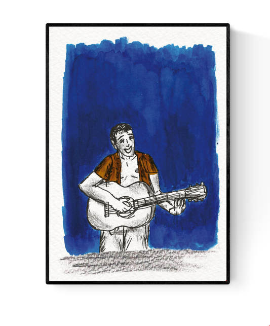 A6 art card titled “De gitarist” by Ilia Claus, featuring a smiling man playing a guitar, drawn in expressive black lines with watercolor accents. Set against a deep blue hand-painted background. Printed on 350g textured paper, includes C6 envelope.