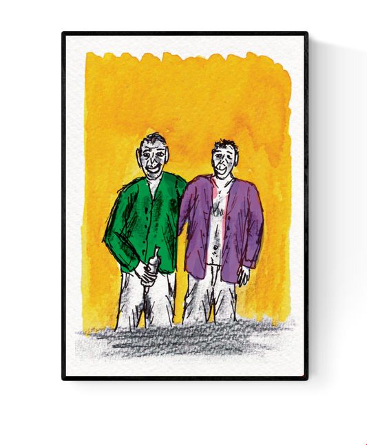 A6 art card titled “De kameraden” by Ilia Claus. Illustration of two cheerful men, one in a green shirt holding a bottle and the other in a purple cardigan, standing side by side against a bright yellow background. Printed on 350g paper with envelope included.