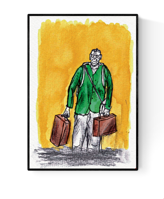 A6 art card titled “De reiziger” by Belgian illustrator Ilia Claus. Features a man with glasses wearing a green shirt, carrying two brown suitcases against a bright yellow watercolor background. Printed on 350g paper with matching envelope.
