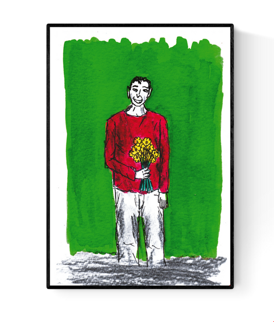 A vibrant handmade illustration by Ilia Claus showing a smiling man in a red shirt holding yellow flowers, set against a vivid green background – part of the A6 ecoline art card series from Belgium.