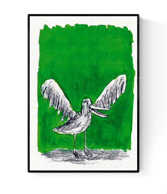 Black and white hand-drawn bird with wings spread wide against a bold green background – part of Ilia Claus’ whimsical A6 ecoline card series made in Belgium.