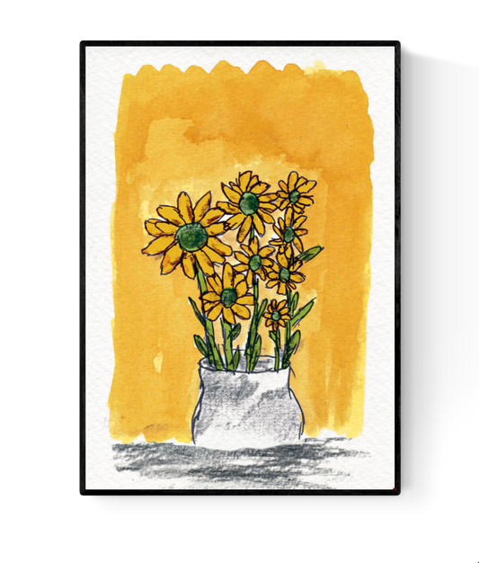 Illustration of a hand-drawn sunflower bouquet in a white vase, set against a rich yellow background. A cheerful A6 art card by Belgian illustrator Ilia Claus, printed on 350g paper and sold with a matching envelope – perfect for gifting or framing.
