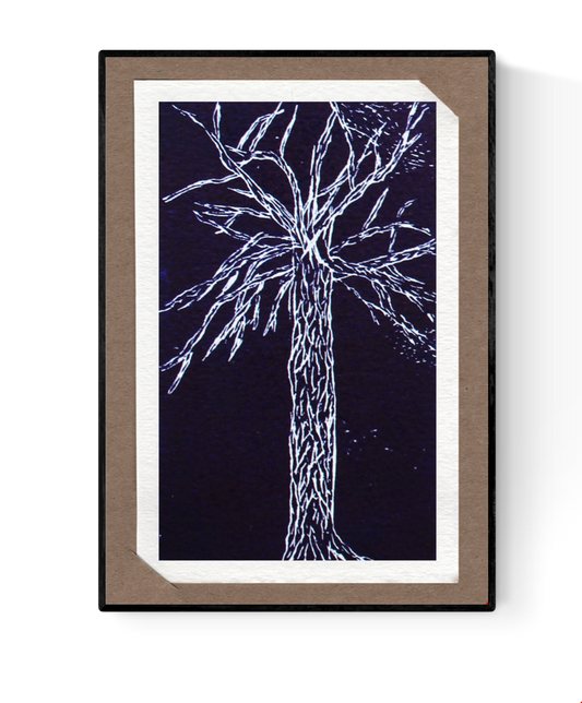 Linocut art card of a tall, leafless tree with intricate bark and expressive branches, hand-printed by Belgian artist Ilia Claus. Includes passe-partout and envelope. From the Trees series.