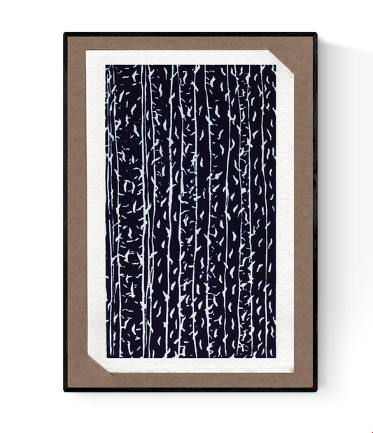 Lino cutting print of vertical tree trunks in dark blue by Ilia Claus, titled "Gloed nr. 1", printed on 14 x 9 cm art card and presented with a passe-partout and envelope.