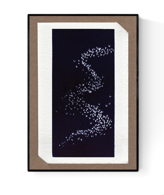 Lino cut art card by Ilia Claus titled "Gloed nr. 2", featuring a swirl of birds in flight on a dark background, printed on 14 x 9 cm card with passe-partout and envelope included.