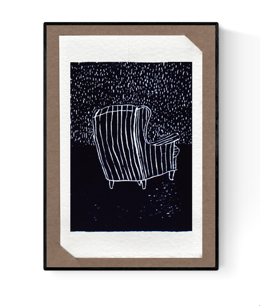 Lino cut art card by Ilia Claus titled "Gloed nr. 3", showing a striped armchair under falling rain, printed on 14 x 9 cm card with passe-partout and envelope included.