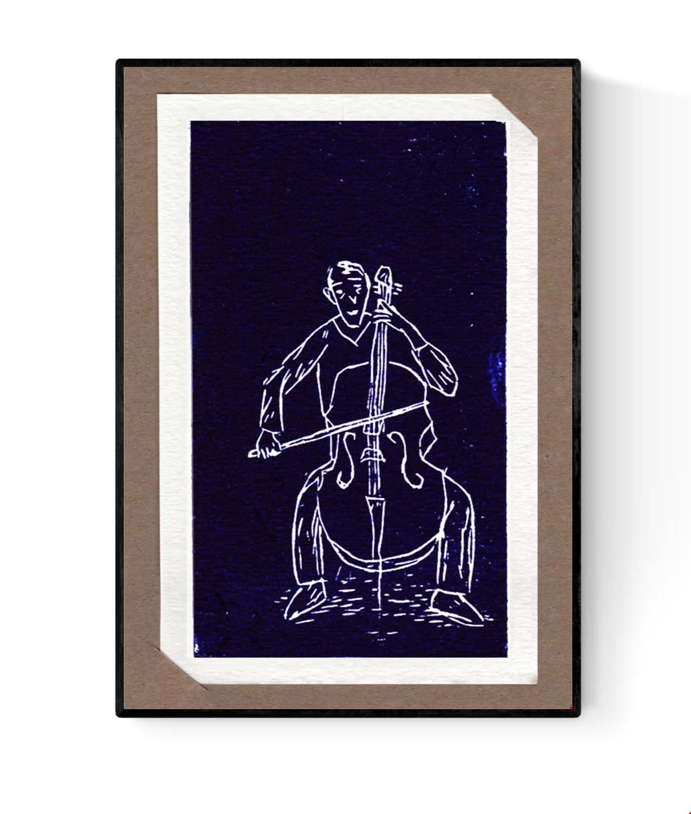 Hand-printed lino cut art card by Ilia Claus titled “Muziek (cellist)”, showing a minimalist white line drawing of a cellist in motion, printed on 14 x 9 cm card with passe-partout and envelope.