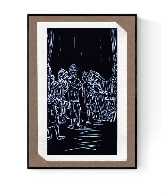 Handmade lino cut by Ilia Claus titled “Muziek (klassieke)”, showing a classical orchestra with musicians and instruments in white linework on dark background. Comes as a 14 x 9 cm art card with passe-partout and envelope.