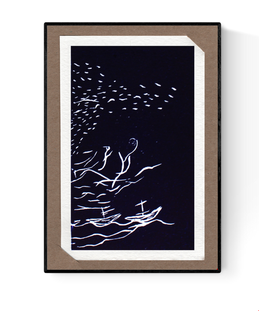 Hand-printed lino cut art card “Stroom nr. 2” by Ilia Claus, featuring boats sailing beneath swirling birds and tree branches. Dark blue and white artwork with envelope and passe-partout included.