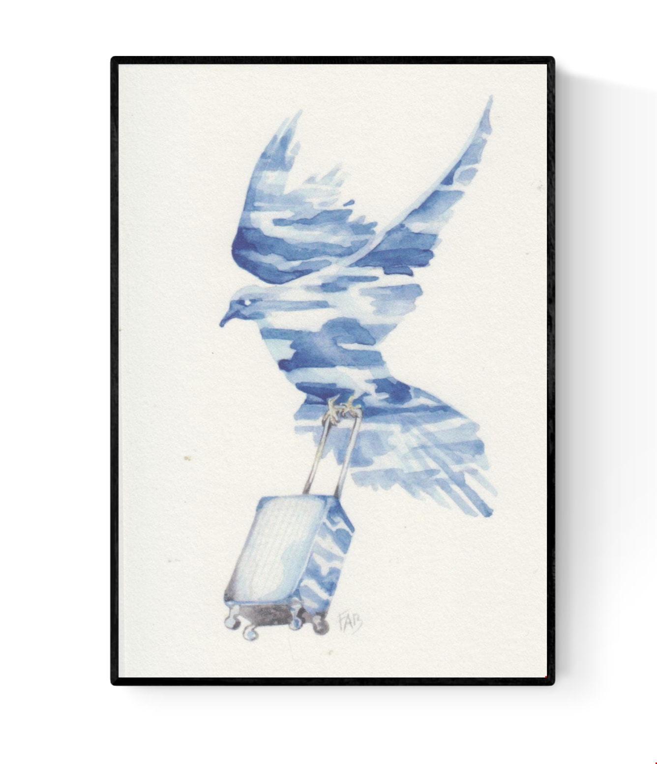 In Transit art card by Belgian artist FAB, A6 size (10.5 x 14.8 cm) printed on 300g Munken Pure Rough paper, featuring a blue watercolor bird in flight carrying a rolling suitcase, symbolizing travel and freedom.