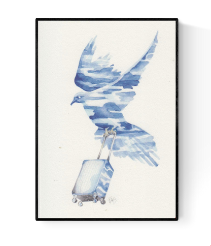 In Transit art card by Belgian artist FAB, A6 size (10.5 x 14.8 cm) printed on 300g Munken Pure Rough paper, featuring a blue watercolor bird in flight carrying a rolling suitcase, symbolizing travel and freedom.