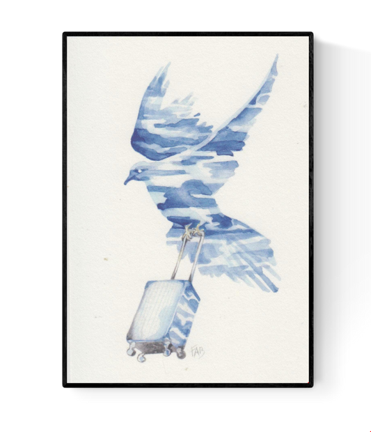 In Transit art card by Belgian artist FAB, A6 size (10.5 x 14.8 cm) printed on 300g Munken Pure Rough paper, featuring a blue watercolor bird in flight carrying a rolling suitcase, symbolizing travel and freedom.