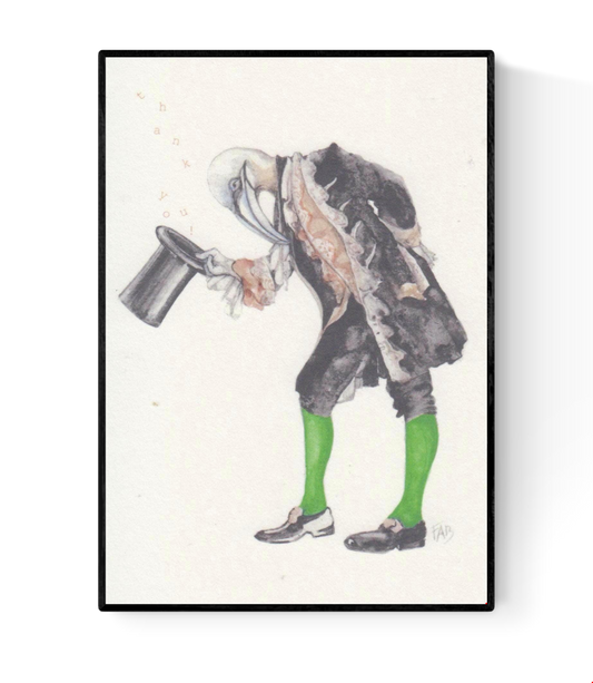 Thank You art card by Belgian artist FAB, A6 size (10.5 x 14.8 cm) printed on 300g Munken Pure Rough paper, featuring a whimsical anthropomorphic bird in vintage clothing bowing with a top hat, painted in soft watercolor tones.