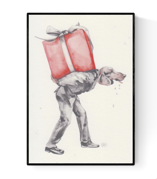 For You art card by Belgian artist FAB, A6 size (10.5 x 14.8 cm) printed on 300g Munken Pure Rough paper, featuring a surreal anthropomorphic figure with a dog’s head carrying a large red gift box, painted in watercolor with humorous and whimsical detail.