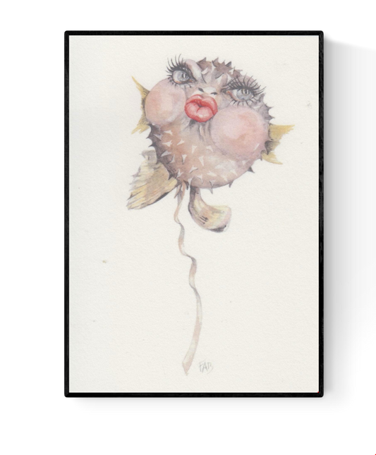 Kiss art card by Belgian illustrator FAB, A6 size (10.5 x 14.8 cm) printed on premium 300g Munken Pure Rough paper, featuring a humorous watercolor pufferfish with long eyelashes and bright red lips, ideal for sending love or as a collectible art postcard.