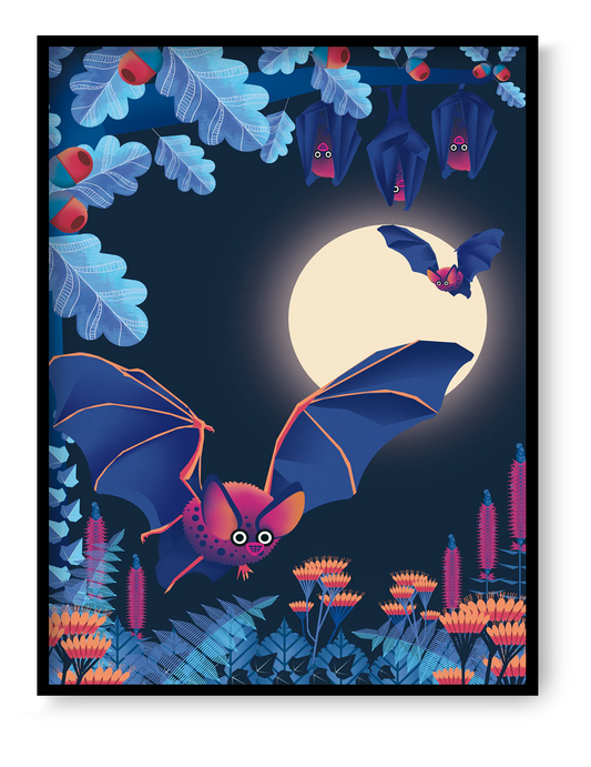 Vivid and playful illustration by Studio Frits titled 'Bats,' depicting a group of cartoon-like bats flying and hanging among glowing foliage under a full moon. With bold purples, blues, and neon oranges, this colorful nighttime forest scene adds a whimsical, slightly spooky charm—perfect for nature lovers, children’s spaces, and fans of quirky, vibrant art