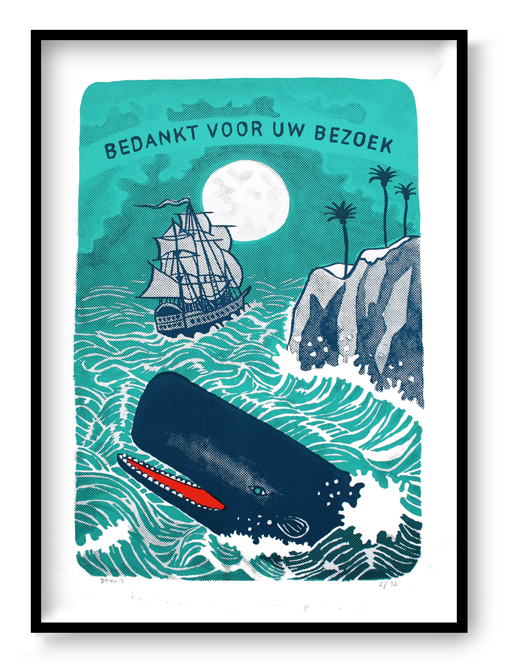 Limited edition 3-colour screen print of a whale jumping from ocean waves with a sailing ship and cliffs under moonlight, nautical illustration by Dennis Dellaert, 50 x 70 cm wall art