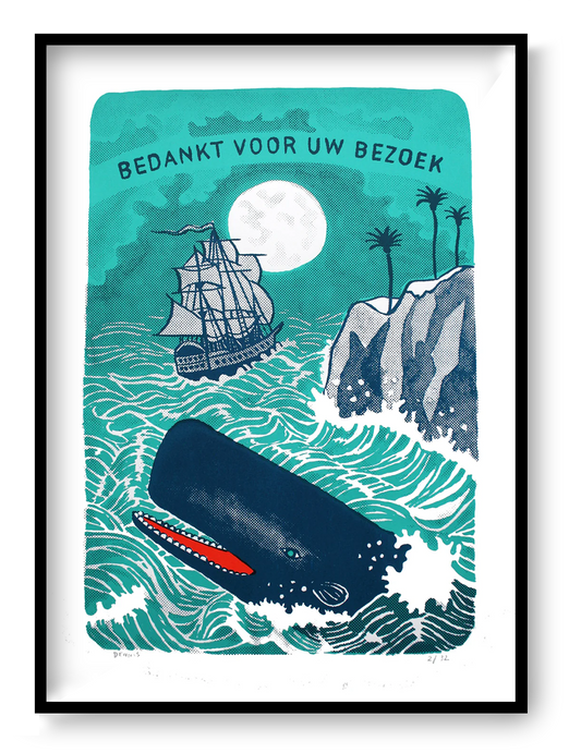 Limited edition 3-colour screen print of a whale jumping from ocean waves with a sailing ship and cliffs under moonlight, nautical illustration by Dennis Dellaert, 50 x 70 cm wall art
