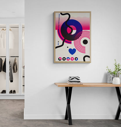 Limited edition Circles & Hearts screen print by PLUMO, 50x70 cm hand-pulled silkscreen on 300g art paper featuring bold geometric circles, halftone gradients, flowing black lines and heart motif in vibrant red, pink and blue colour variations, modern contemporary wall art for design interiors in Belgium and Europe.