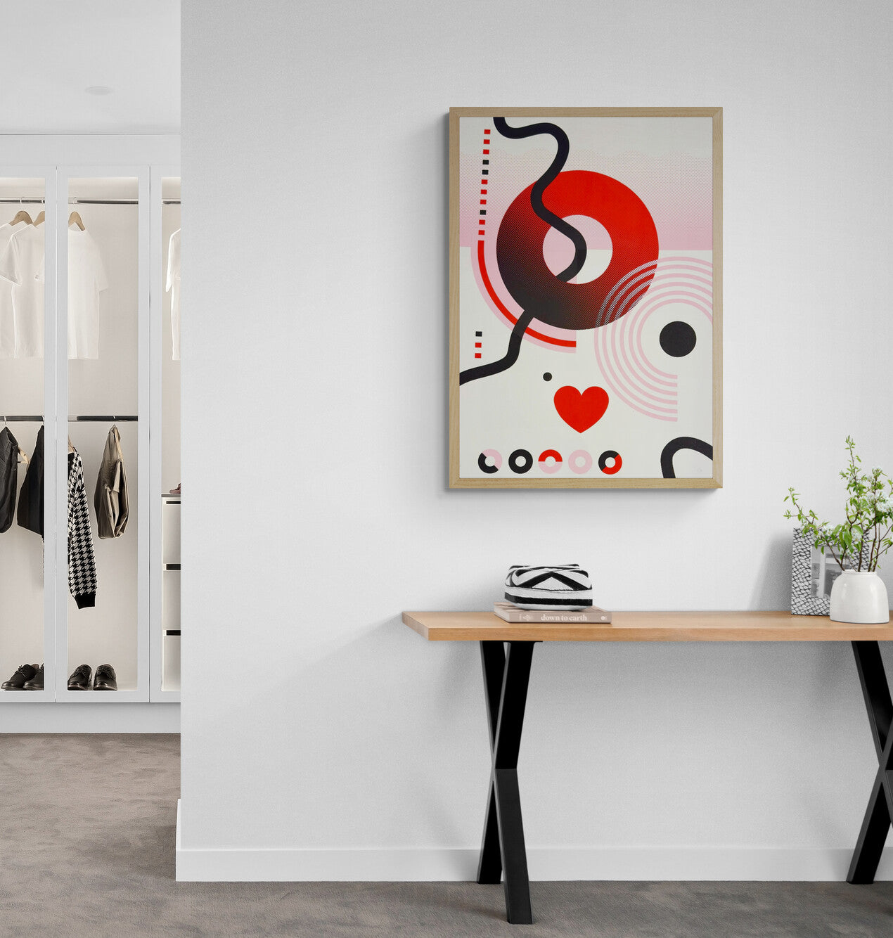 Limited edition Circles & Hearts screen print by PLUMO, 50x70 cm hand-pulled silkscreen on 300g art paper featuring bold geometric circles, halftone gradients, flowing black lines and heart motif in vibrant red, pink and blue colour variations, modern contemporary wall art for design interiors in Belgium and Europe.