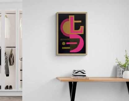 Abstract geometric screen print titled “Abstract Shapes 3” by Belgian artist PLUMO, featuring bold overlapping shapes, grid textures, and fluorescent colour combinations in a 35x50 cm limited edition hand-pulled silkscreen print, ideal for modern wall art and contemporary home decor in Belgium and Europe.