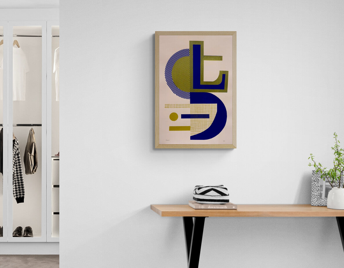 Abstract geometric screen print titled “Abstract Shapes 3” by Belgian artist PLUMO, featuring bold overlapping shapes, grid textures, and fluorescent colour combinations in a 35x50 cm limited edition hand-pulled silkscreen print, ideal for modern wall art and contemporary home decor in Belgium and Europe.