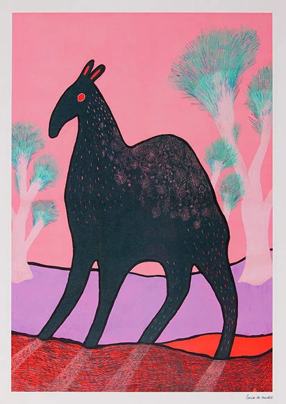 Whimsical illustration titled Beest 3 by Louise de Meester, depicting a mysterious dark creature with red eyes and subtle fur texture, set against a surreal pink and lavender landscape with dreamlike turquoise trees