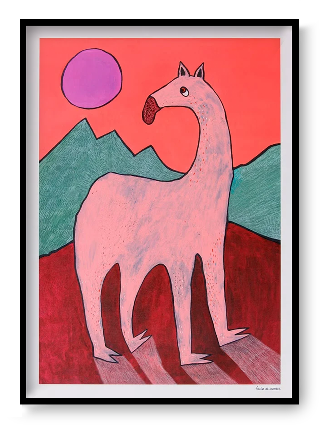 Playful and surreal illustration titled 'Beest 1' by Louise de Meester, featuring a quirky pink creature with an elongated neck set against bold red mountains, green hills, and a purple sun – a whimsical and bold art print for contemporary interiors