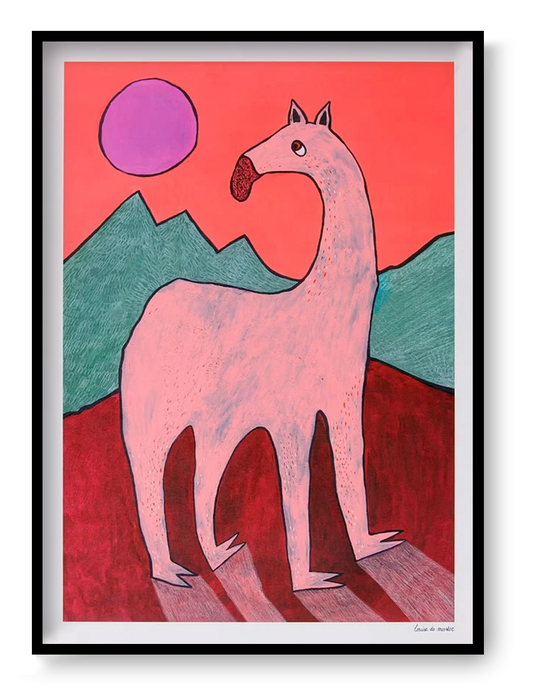 Playful and surreal illustration titled 'Beest 1' by Louise de Meester, featuring a quirky pink creature with an elongated neck set against bold red mountains, green hills, and a purple sun – a whimsical and bold art print for contemporary interiors