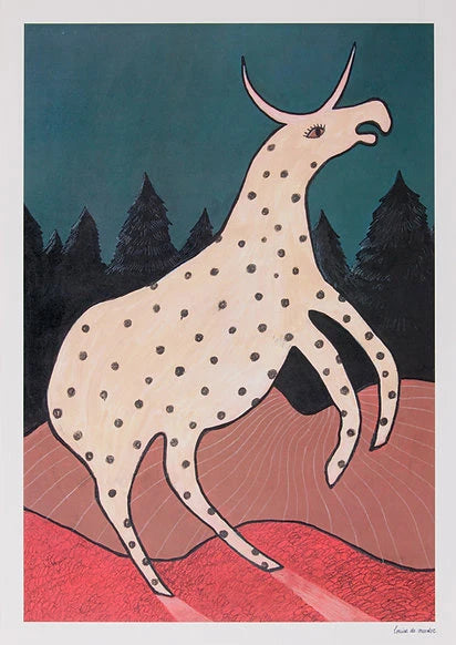 Surreal illustration titled Beest 2 by Louise de Meester, featuring a fantastical cream-colored creature with black spots and a single horn, set against a twilight forest backdrop with bold red terrain and a deep teal sky