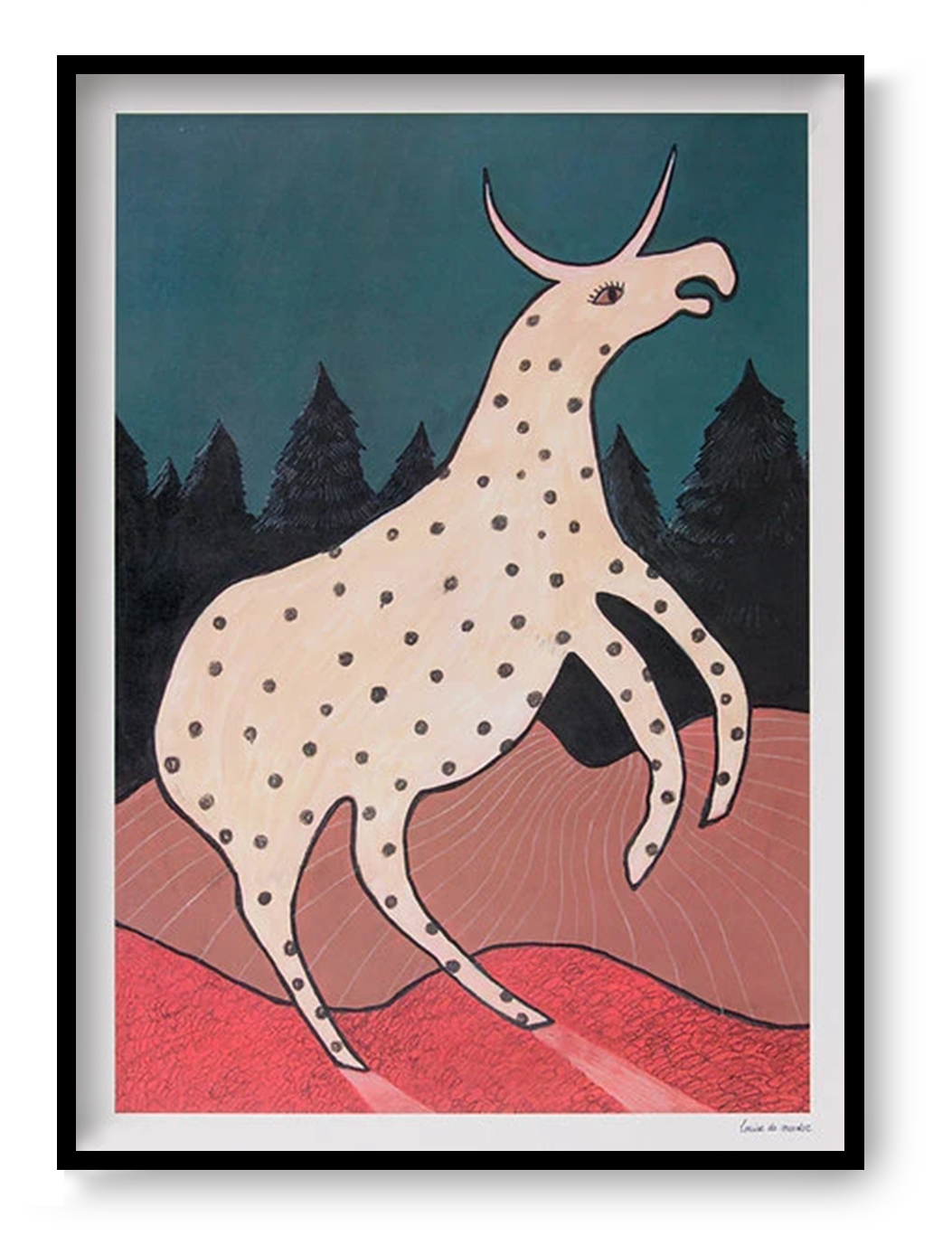 Surreal illustration titled Beest 2 by Louise de Meester, featuring a fantastical cream-colored creature with black spots and a single horn, set against a twilight forest backdrop with bold red terrain and a deep teal sky