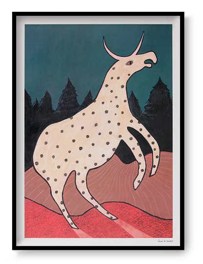 Surreal illustration titled Beest 2 by Louise de Meester, featuring a fantastical cream-colored creature with black spots and a single horn, set against a twilight forest backdrop with bold red terrain and a deep teal sky