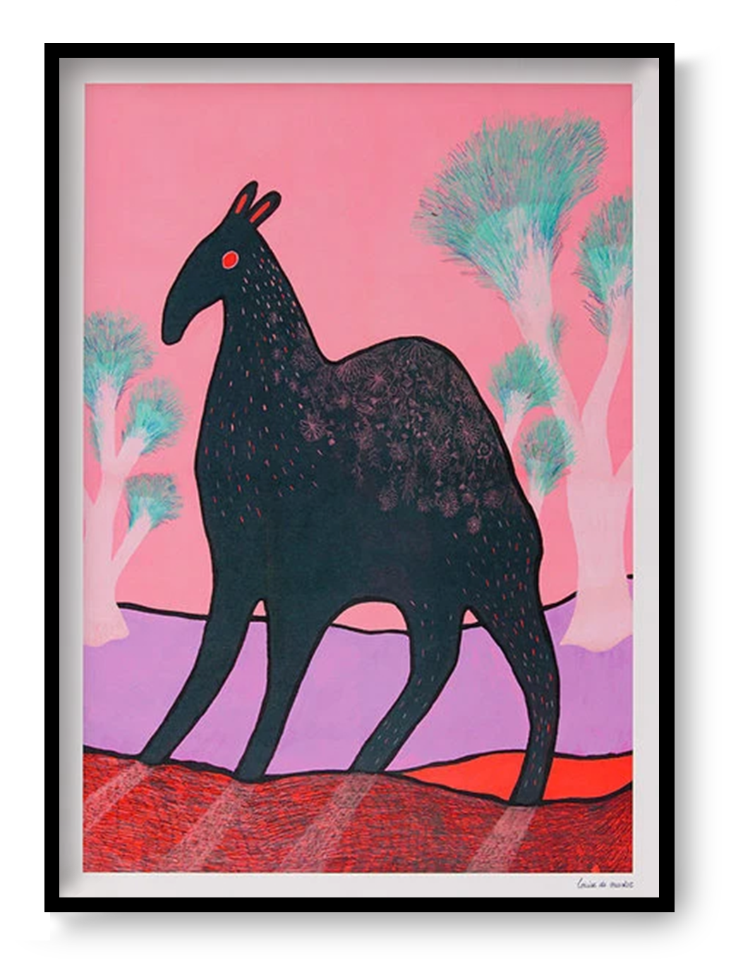 Whimsical illustration titled Beest 3 by Louise de Meester, depicting a mysterious dark creature with red eyes and subtle fur texture, set against a surreal pink and lavender landscape with dreamlike turquoise trees