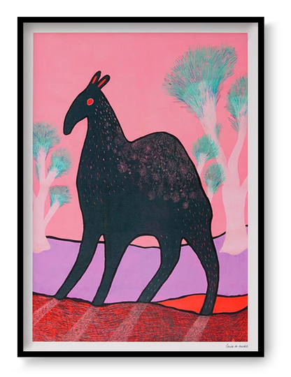 Whimsical illustration titled Beest 3 by Louise de Meester, depicting a mysterious dark creature with red eyes and subtle fur texture, set against a surreal pink and lavender landscape with dreamlike turquoise trees