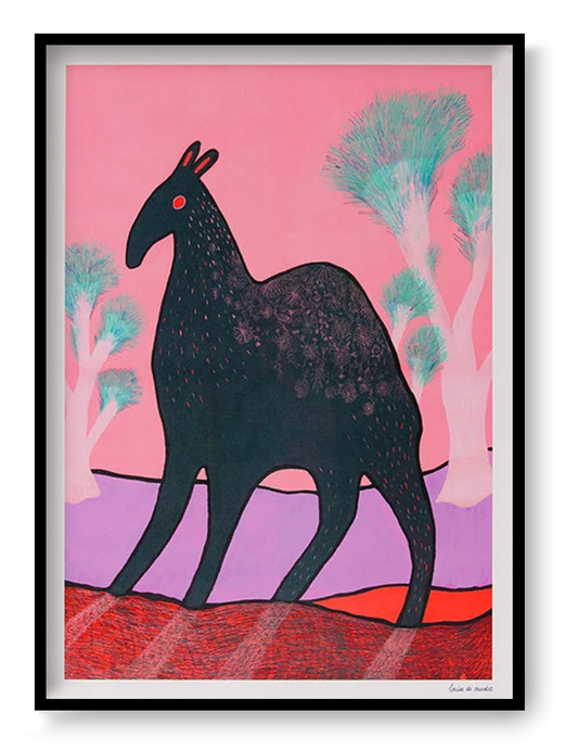 Whimsical illustration titled Beest 3 by Louise de Meester, depicting a mysterious dark creature with red eyes and subtle fur texture, set against a surreal pink and lavender landscape with dreamlike turquoise trees