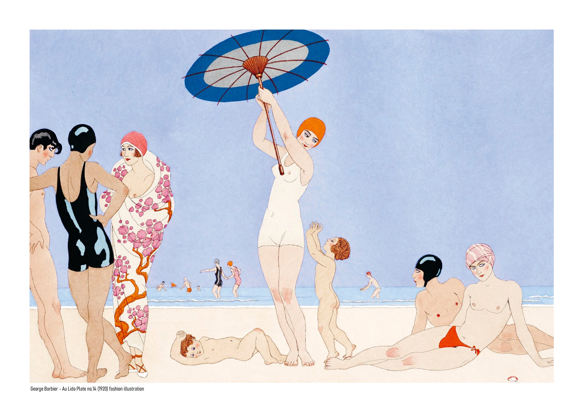 Horizontal Art Deco beach illustration by George Barbier showing stylish swimmers in black, pink, red, and cream against a pale blue sea, printed as decorative A4 wall art.