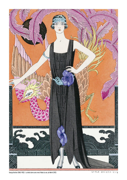 La Belle Dame sans Merci by George Barbier, a vertical Art Deco fashion illustration of a woman in a black evening dress surrounded by a colourful bird, purple feathers and warm orange tones, ideal as elegant wall decor.