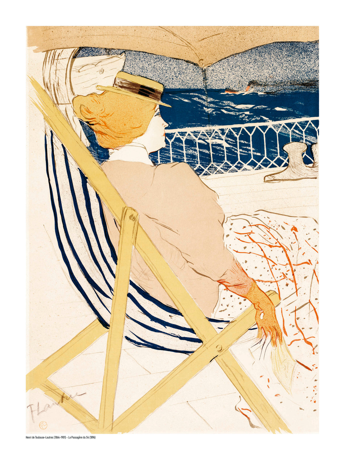 Henri Toulouse-Lautrec’s La Passagère du 54 showing a woman relaxing on a ship deck in blue, cream, yellow and orange, vertical digital print for vintage-inspired wall decor.