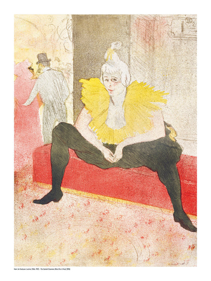 The Seated Clown by Henri Toulouse-Lautrec, vertical digital art print showing Miss Cha-u-Kan seated in black with a bright yellow collar, red bench and soft Belle Époque tones, ideal as expressive wall art.