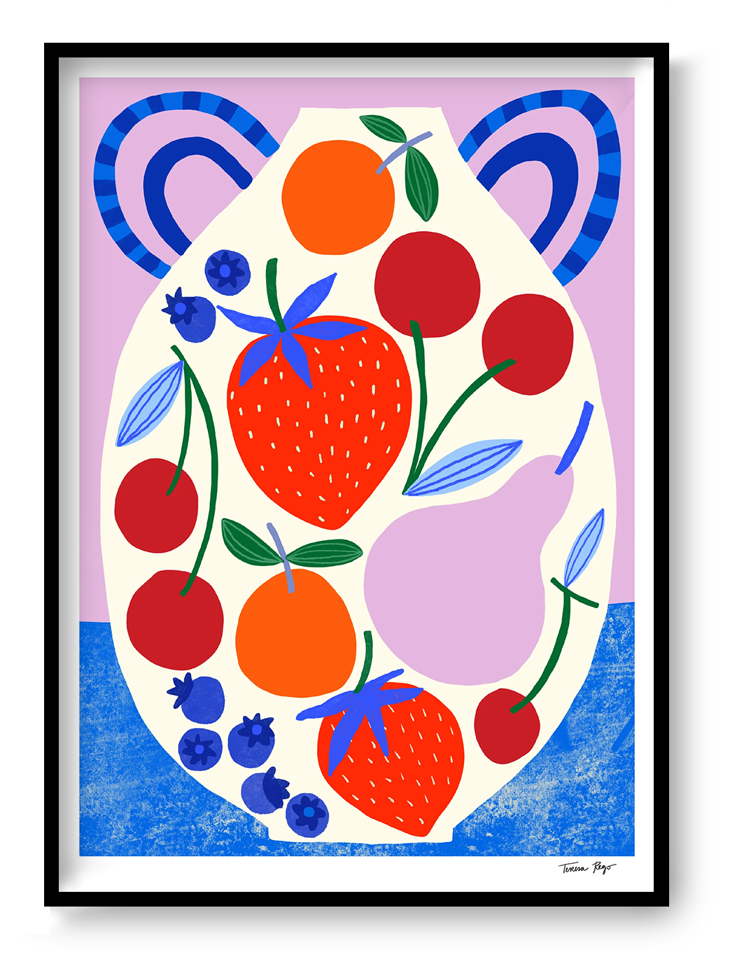 Colourful vertical giclée print by Teresa Rego featuring strawberries, cherries, blueberries and oranges arranged on a playful ceramic pot, ideal for bright kitchen or dining room wall decor.