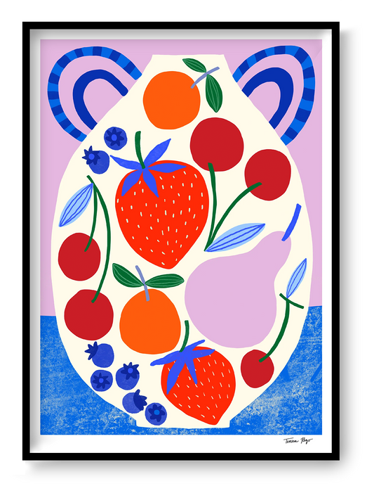 Colourful vertical giclée print by Teresa Rego featuring strawberries, cherries, blueberries and oranges arranged on a playful ceramic pot, ideal for bright kitchen or dining room wall decor.