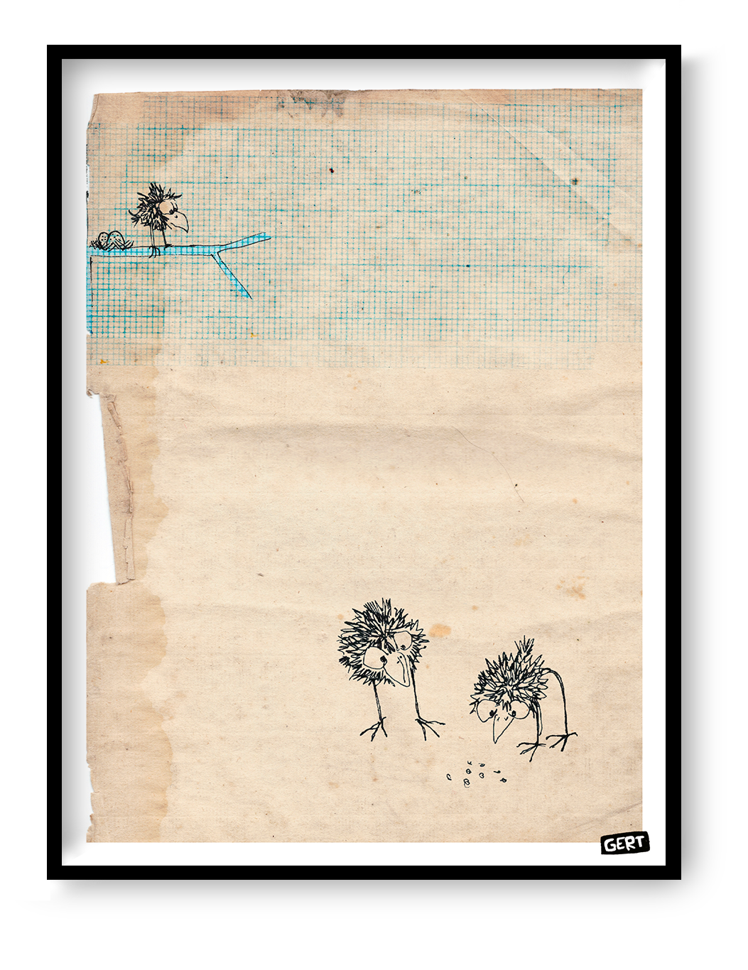 Minimalist bird illustration by Belgian artist Gert Paenen featuring hand-drawn quirky birds on textured vintage-style paper with blue grid details, contemporary digital art print for playful modern interiors.