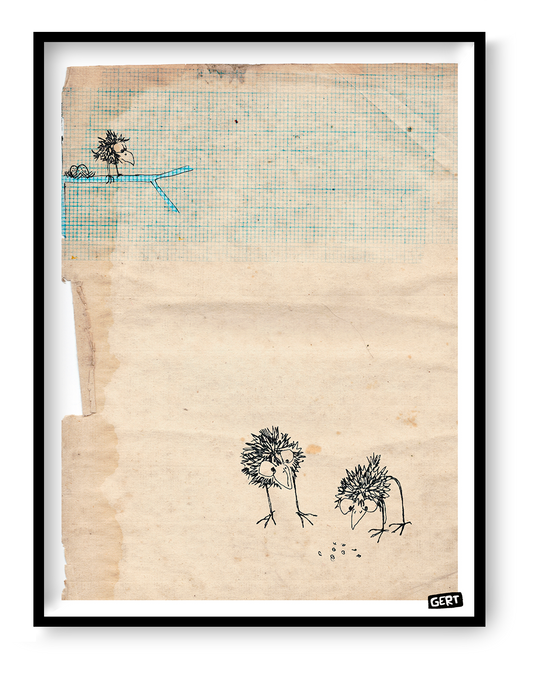 Minimalist bird illustration by Belgian artist Gert Paenen featuring hand-drawn quirky birds on textured vintage-style paper with blue grid details, contemporary digital art print for playful modern interiors.