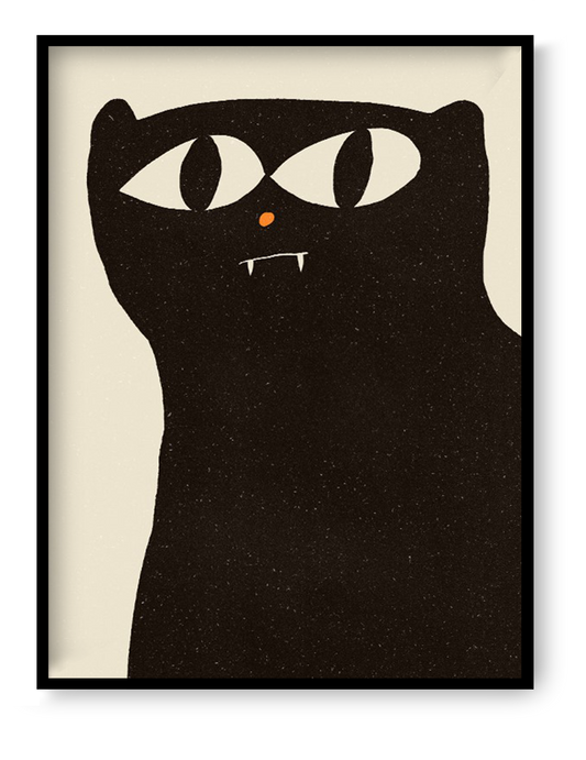 Minimalist black cat art print by Enikő Eged, featuring a bold black cat with large white eyes, tiny fangs and an orange nose on a soft cream background.