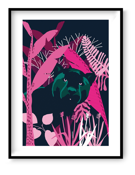 Black panther jungle art print with bold pink tropical leaves and dark night background, modern animal wall art by Gert Paenen