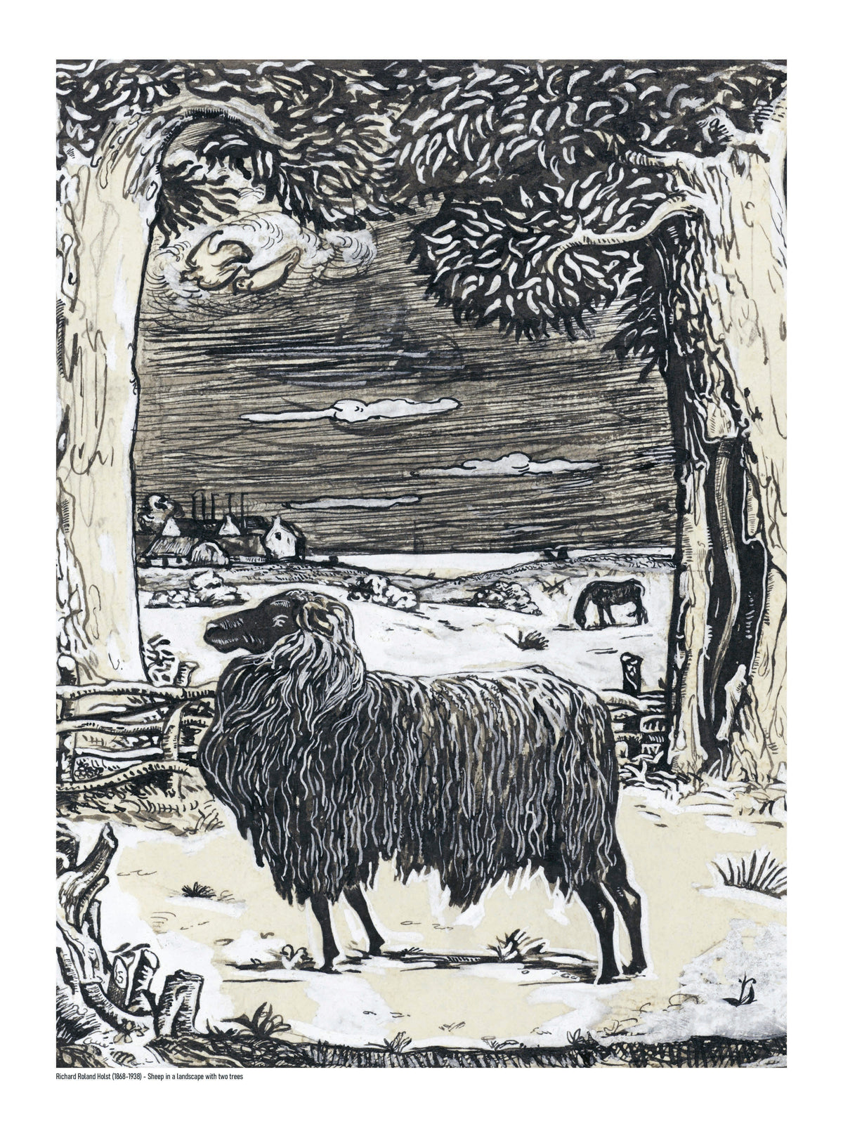 Sheep standing beneath two large trees in a rural landscape by Richard Roland Holst, black and cream vintage line illustration, vertical digital print for rustic and eclectic wall decor.