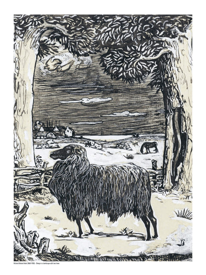 Sheep standing beneath two large trees in a rural landscape by Richard Roland Holst, black and cream vintage line illustration, vertical digital print for rustic and eclectic wall decor.