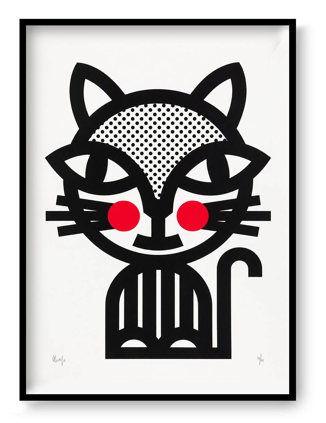 Black Cat by PLUMO, vertical A3 hand-pulled screenprint featuring a graphic black cat with dotted details and bright red cheeks, bold wall art for modern home decor.