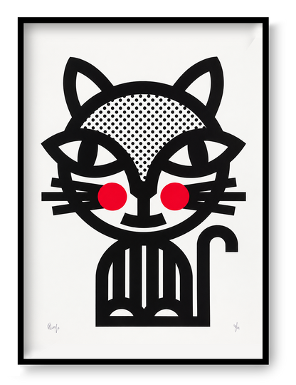 Black Cat by PLUMO, vertical A3 hand-pulled screenprint featuring a graphic black cat with dotted details and bright red cheeks, bold wall art for modern home decor.